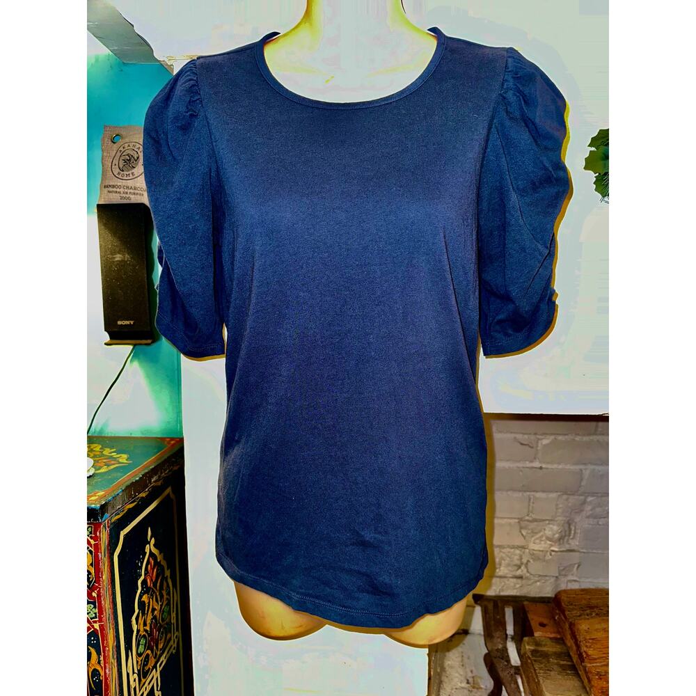 FRAME NAVY RUCHED SLEEVE 100% COTTON TEE S